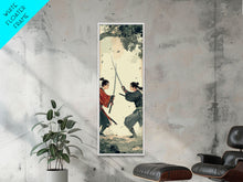 Load image into Gallery viewer, Skinny Art Tall Art Samurai Duel Wood Block Print Japanese Style Art Intense Battle Between Two Warriors Framed Canvas Print
