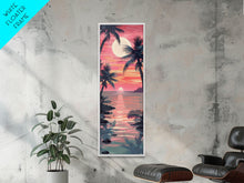 Load image into Gallery viewer, Serene Sunset With Palm Trees And Tranquil Ocean Reflection Ukiyo-e Wood Block Tall Skinny Art Framed Canvas Print
