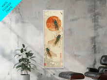 Load image into Gallery viewer, Detailed Depiction Of Cicadas Against Warm Sunset Background Ukiyo-e Skinny Tall Wood Block Framed Canvas Print Japanese Style Art

