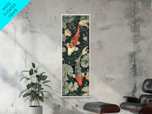 Load image into Gallery viewer, Koi Fish Swimming Gracefully Among Lotus Flowers – Framed Canvas Print Highlighting Skinny Art And Tall Art In Ukiyo-E Art And Japanese Style Art

