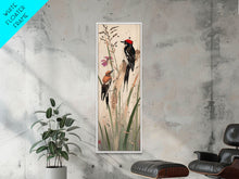 Load image into Gallery viewer, Detailed Woodpeckers Perched On Stems Amid Nature For Rustic Wall Art Ukiyo-e Japanese Style Art Skinny Framed Canvas Print
