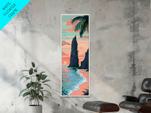 Load image into Gallery viewer, Towering Coastal Rock Formation During Sunset With Palm Trees For Serene Beach Wall Art Japanese Style Framed Canvas Print
