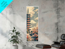 Load image into Gallery viewer, Japanese Pagoda With Mt Fuji And Cherry Blossoms – Framed Canvas Print Featuring Skinny Art Tall Art, Highlighting Ukiyo-E Art And Japanese Style Art
