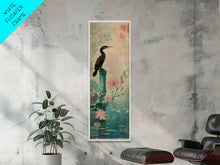 Load image into Gallery viewer, Tall Skinny Art Japanese Style Wood Block Print Bird Perched On Bamboo By A Pond With Flowers In Ukiyo-e Style For Framed Canvas Print
