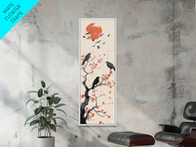 Load image into Gallery viewer, Crows On Bare Tree Branches Against Red Sun Skinny Art Wood Block Print Japanese Style Art Framed Canvas Print Tall Art Ukiyo-e Art
