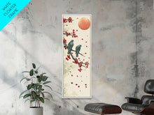 Load image into Gallery viewer, Two Pigeons On Branch With Red Leaves Skinny Art Wood Block Print Japanese Style Art Framed Canvas Print Tall Art Ukiyo-e Art

