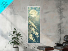 Load image into Gallery viewer, Delicate White Flowers and Full Moon in a Tranquil Night Setting - Skinny Art, Japanese Wall Decor, Framed Canvas Print, Ukiyo-e Style
