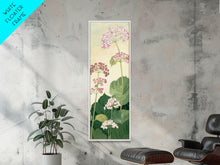 Load image into Gallery viewer, Towering Flower Stalks with Soft Green Leaves against a Pale Background - Skinny Art, Japanese Wall Decor, Framed Canvas Print, Ukiyo-e Style
