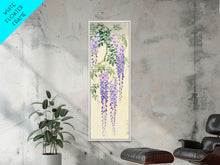 Cargar imagen en el visor de la galería, Cascading Wisteria Blossoms in Shades of Purple and Green - Skinny Art, Japanese Wall Decor, Framed Canvas Print, Ukiyo-e Style

