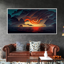 Carregar imagem no visualizador da galeria, Abstract art deco sunset canvas print, sunset over the vast ocean, living room art
