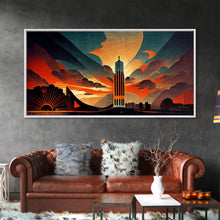 Cargar imagen en el visor de la galería, Dystopian metropolis canvas print, ready to hang wall art, art deco sunset, 1930s architecture, living room art, art nouveau

