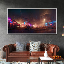 Load image into Gallery viewer, Destitute cyberpunk city with neon signs wall art, Bladerunner vibes art, synthwave style art, cool wall art
