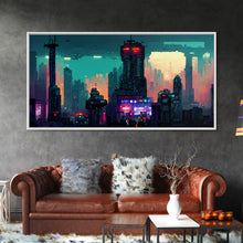 Load image into Gallery viewer, cyberpunk city pixel art canvas print, wall art, Bladerunner vibes art, synthwave style art, cool wall art
