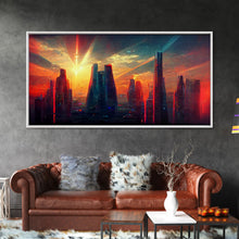 Load image into Gallery viewer, Cyberpunk canvas print, cyber punk city at sunset, Bladerunner vibes art, synthwave style art, cool wall art, night city
