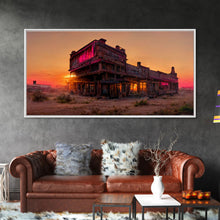 Load image into Gallery viewer, Abandoned wild west saloon at sunset canvas print, travel photography art, outrun sunset ready to hang wall art
