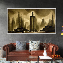 Load image into Gallery viewer, Dystopian Metropolis Art Deco Canvas Print, City Skyline, Fantasy Art, Art Deco Living Room Art, ready to hang wall art
