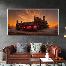 Load image into Gallery viewer, Dystopian steampunk wild west mashup, abandoned wild west saloon art, canvas print, ready to hang wall art
