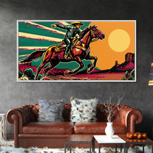 Load image into Gallery viewer, Vintage Cowboy Riding Horse, Western Sunset Wall Art, Framed Canvas Print, Rustic Decor, Cowboy Art, Country Living Room
