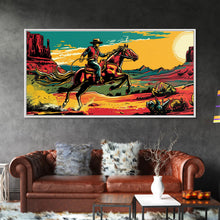Load image into Gallery viewer, Cowboy Galloping in Desert, Vibrant Sunset Western Art, Framed Canvas Print, Farmhouse Decor, Colorful Wall Art, Cowboy Theme
