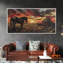 Load image into Gallery viewer, Dark Horse at Sunset with Barn, Stunning Abstract Art, Framed Canvas Print, Boho Wall Art, Bedroom Decor, Unique Home Decoration
