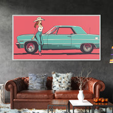 Load image into Gallery viewer, Cowgirl Leaning Against Classic Car in Pop Art Style, Vibrant Framed Canvas Print for Bedroom, Perfect Living Room Wall Art
