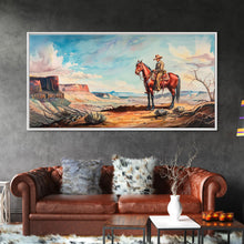 Load image into Gallery viewer, Cowboy on Horse Overlooking Canyon, Majestic Western Art, Framed Canvas Print, Boho Wall Art, Living Room Decor, Home Decoration
