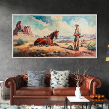 Load image into Gallery viewer, Cowboy and Horse in Desert Landscape, Rustic Farmhouse Art, Framed Canvas Print, Western Decor, Living Room Wall Art, Country Style
