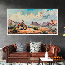 Load image into Gallery viewer, Cowboy Gazing Over Expansive Desert, Boho Western Landscape Art, Framed Canvas Print, Living Room Wall Decor, Rustic Country Style

