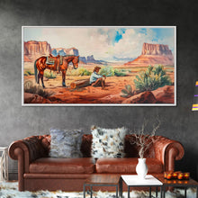 Load image into Gallery viewer, Cowboy Resting by Horse in Desert Scene, Rustic Farmhouse Art, Framed Canvas Print, Western Decor, Living Room Wall Art, Country Style
