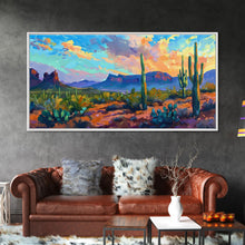 Load image into Gallery viewer, Desert Sunset with Cacti and Mountains, Abstract Southwestern Art, Framed Canvas Print, Rustic Boho Wall Decor, Living Room Art
