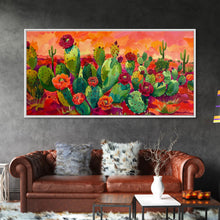 Load image into Gallery viewer, Bright Desert Flowers and Cacti with Mountains, Vibrant Framed Canvas Print for Home, Boho Wall Art, Nature Lover&#39;s Decor
