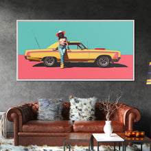 Load image into Gallery viewer, Bold Cowgirl Posing with Yellow Car, Pop Art Framed Canvas Print for Living Room, Ideal Bedroom Wall Art, Unique Home Decor
