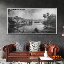 Load image into Gallery viewer, Peaceful Desert Oasis with Palm Trees, Framed Canvas Print for Living Room Decor, Ideal Bedroom Wall Art, Serene Western Scene
