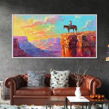 Load image into Gallery viewer, Cowboy on Horse Overlooking Canyon Sunset, Farmhouse Style Framed Canvas Print for Living Room Wall Art, Vibrant Home Decor, Western Scene
