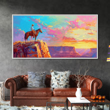 Load image into Gallery viewer, Cowboy Watching Sunset Over Canyon, Farmhouse Style Framed Canvas Print for Living Room Wall Art, Vibrant Home Decor, Western Landscape
