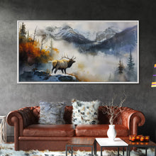 Load image into Gallery viewer, Majestic Elk in Misty Mountains, Framed Canvas Print, Perfect for Living Room Art, Rustic Bedroom Decor, Nature Wall Art, Wildlife Scene
