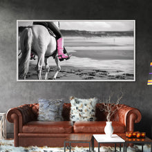 Carregar imagem no visualizador da galeria, Beach Horseback Rider with Pink Boots, Delightful Framed Canvas Print, Ideal for Living Room or Bedroom Wall Art
