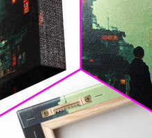 Load image into Gallery viewer, 80s style Cyberpunk Japanese City, Retro Punk Tokyo, Framed Canvas Print, Framed Wall Art, Large Panoramic Wall Decor
