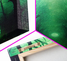 Load image into Gallery viewer, Emerald green city streets under a full moon, cool spooky art, framed canvas print
