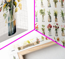 Load image into Gallery viewer, 3 Piece Set, Cute Kawaii Floral Print, Flowers In Vases, Framed Wall Art, Canvas Print, Botanical Wall Decor, Dried Flower Large Triptych

