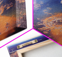 Cargar imagen en el visor de la galería, Bird&#39;s eye view of a futuristic city-planet, cool scifi art, framed canvas print, ready to hang framed wall art
