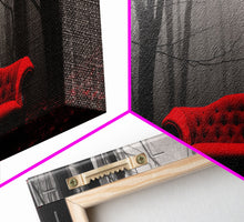 Load image into Gallery viewer, Red Sofa In A Forest Framed Canvas Print, Thought Provoking Art, Framed Art, Creepy Photography, Halloween Art
