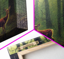Load image into Gallery viewer, Does in a majestic forest, whitetail deer art, framed canvas print, ready to hang framed wall art
