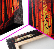 Load image into Gallery viewer, Forest Landscape Art, Forest Fire, Fall / Autumn Decor, Panoramic Wall Art, Framed Canvas Print, Orange and Yellow Fantasy Forest
