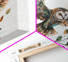 Carregar imagem no visualizador da galeria, Flying owl with trees, leaves, forest double exposure, nature animal, owl illusion art, wrapped framed canvas print, office wall art
