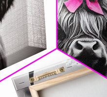 Cargar imagen en el visor de la galería, Cute Highland Cow wearing a Bow, Pink Bow on a Cute Cow, framed canvas print, black and white farmhouse cow art
