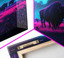 Load image into Gallery viewer, American Buffalo, Retrowave art, herd of Bison and a full moon, framed canvas print

