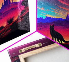Carregar imagem no visualizador da galeria, Cute fox in an Arizona desert landscape, framed canvas print, framed wall art, synthwave art
