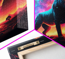 Load image into Gallery viewer, Cosmic roar watercolor, Lion staring at the stars over Africa, framed canvas print, unique vibrant wall art
