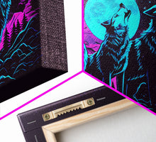 Load image into Gallery viewer, Howl at the moon - turquoise wolf pack howling at the moon, framed canvas print, vaporwave art
